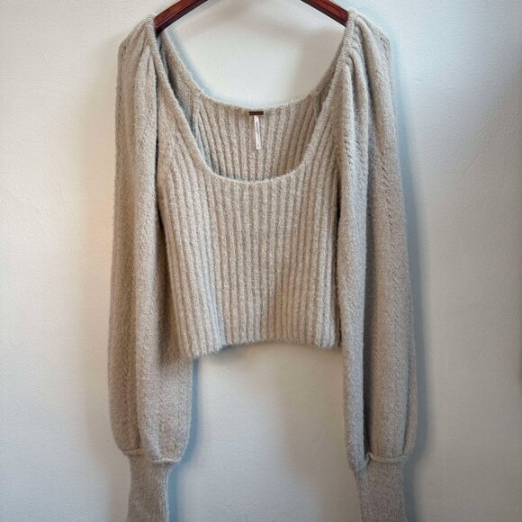 Free People Katie Pullover Cropped Peasant Sweater -Sand Dollar Cream /Size L - Picture 3 of 4